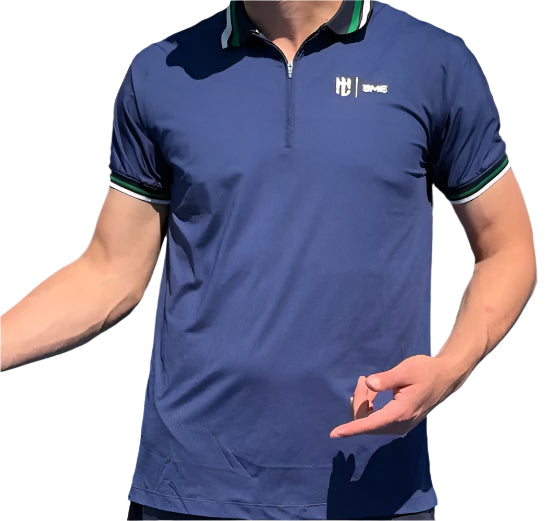 Polo Eme Lisa Azul con Franja Verde y Blanca