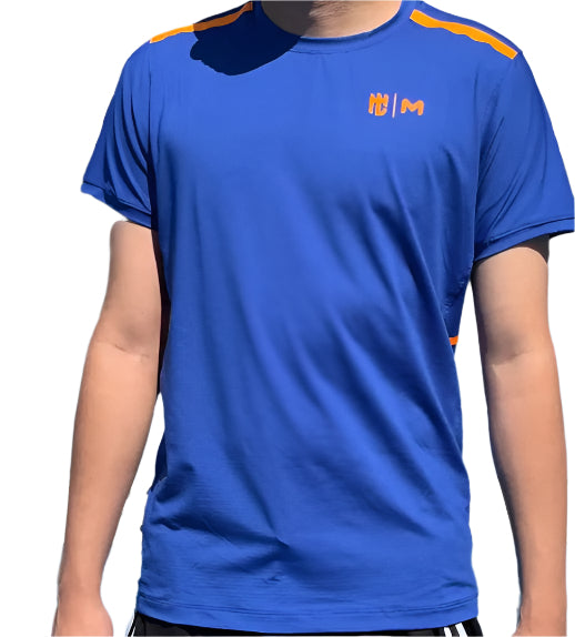 Camisa Eme Cuello Redondo Azul Marino con Franja Naranja