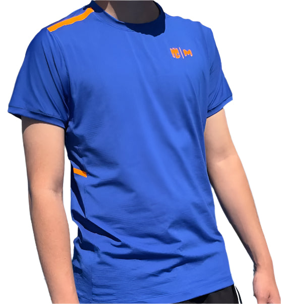 Camisa Eme Cuello Redondo Azul Marino con Franja Naranja