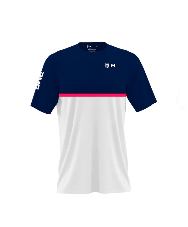 Playera Cuello Redondo Combinación Marino Blanco Linea Media Rosa