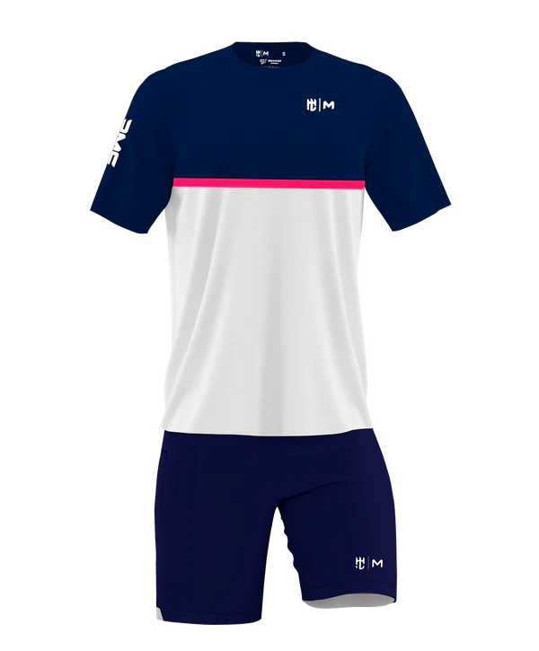 Playera Cuello Redondo Combinación Marino Blanco Linea Media Rosa