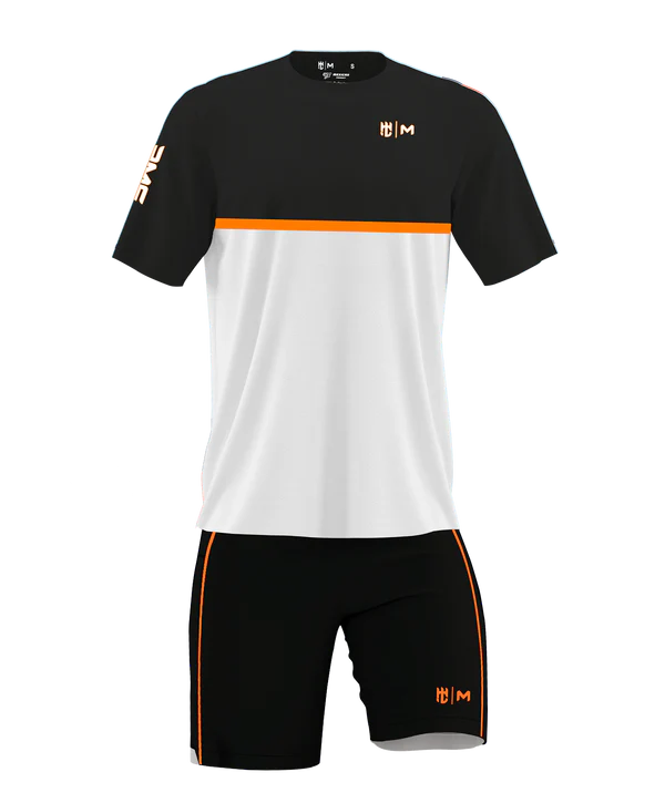 Playera Cuello Redondo Combinación Negro Blanco Liena Media Naranja